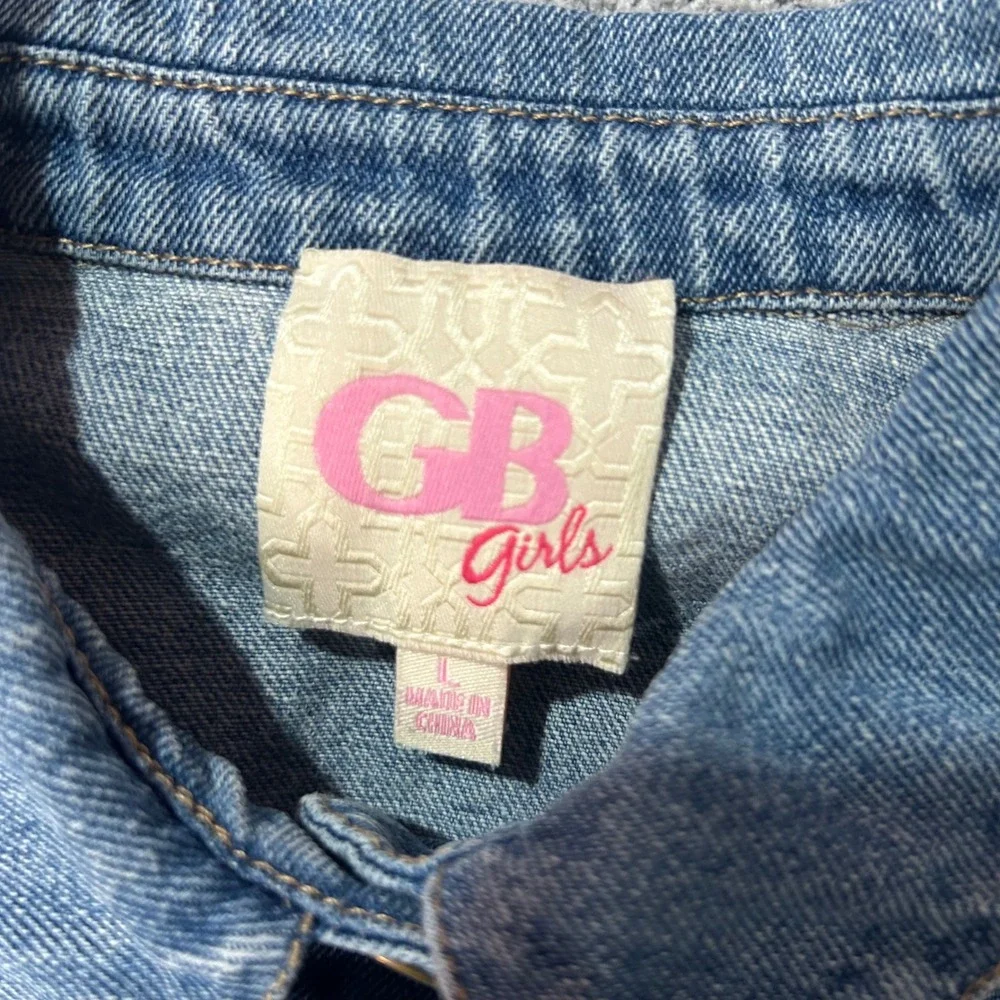 GB‎ Girls Denim Jacket Cropped Distressed Large Blue Aesthetic Trucker Outerwear